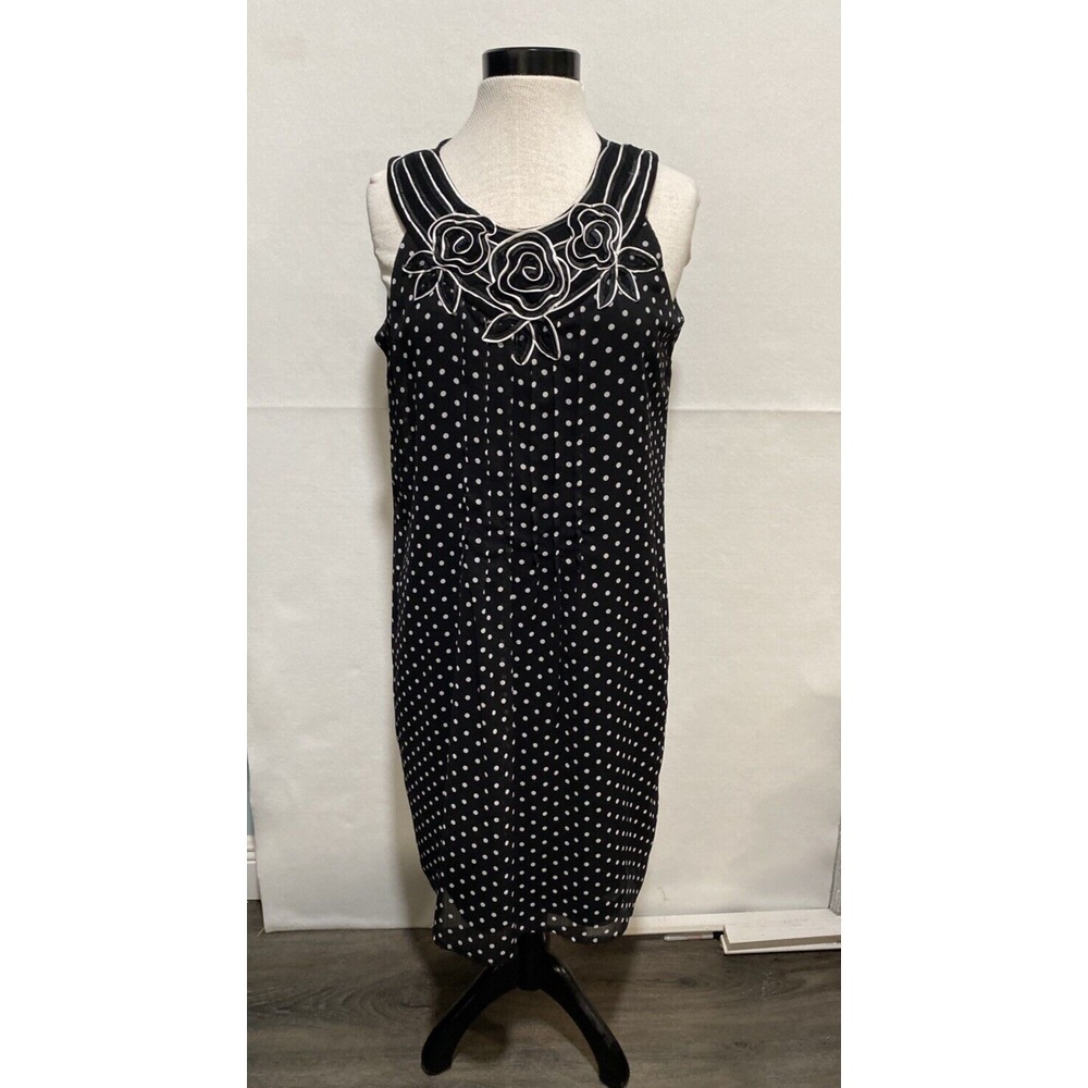Another Thyme Womens Black White Polka Dot Floral Applique Shift Dress 14 Retro